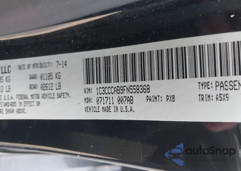 2015 Chrysler 200 Limited z USA, uszkodzony, nr VIN 1C3CCCAB9FN558368